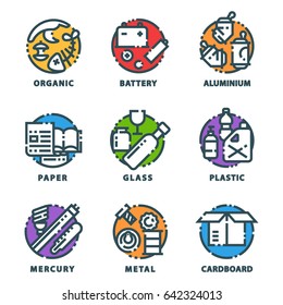 Recycling garbage elements trash bags tires management industry utilize waste can vector illustration.