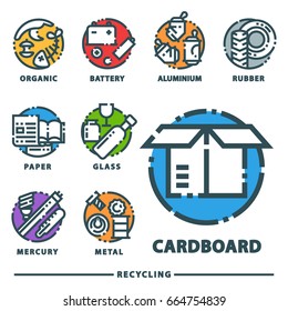 Recycling garbage elements trash bags tires management industry utilize waste can vector illustration.