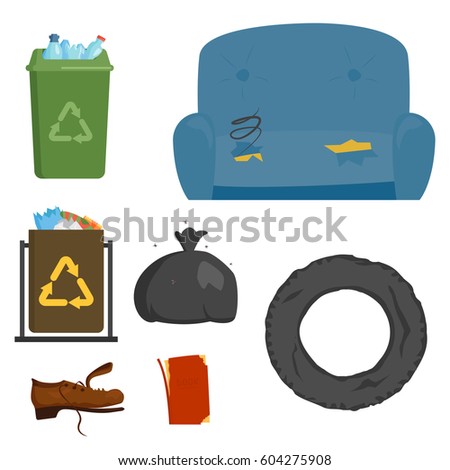 Recycling garbage elements trash bags tires management industry utilize concept and waste ecology can bottle recycling disposal box vector illustration.