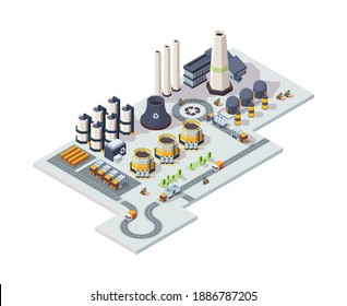 Recycling garbage factory. Industrial chemical plant architectural set vector lowpoly 3d isometric buildings