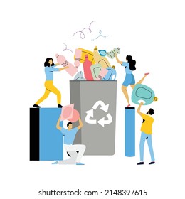 Recycling garbage flat vector illustration. People sorting plastic waste into recycling garbage bin. Plastic pollution problem concept.