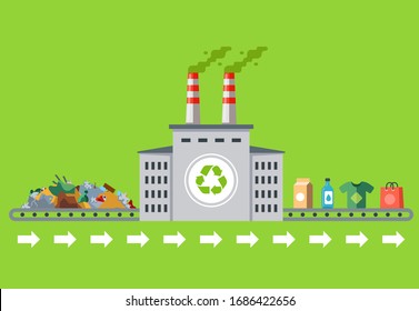 recycling garbage into new products. white plant with pipes. flat vector illustration.