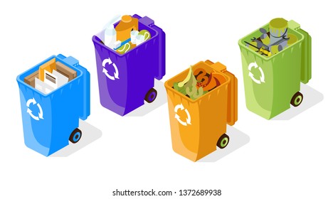 Recycling garbage isometric. Trash container. Paper, plastic, metal, organic sorting. Green planet concept