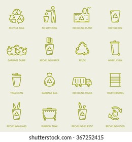 Recycling garbage linear icons set. Waste utilization. Vector illustration.