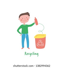 Recycling garbage. Little boy throws trash in the rubbish bin. Environmental protection, ecology concept, zero waste. Vector illustration in cartoon style.