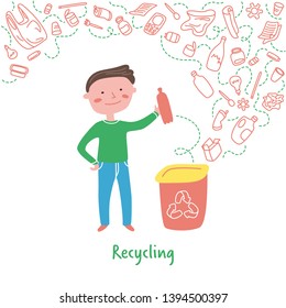 Recycling garbage. Little boy throws trash in the rubbish bin. Environmental protection, ecology concept, zero waste. Vector illustration in cartoon doodle style.