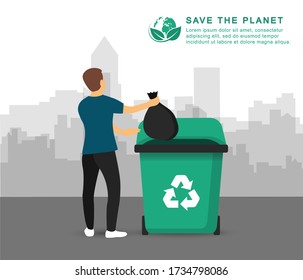 Recycling garbage. A man throws trash into a trash can. Poster Save the Planet.