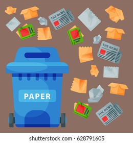 Recycling garbage paper elements trash tires management industry utilize waste can vector illustration.