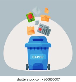 Recycling garbage paper elements trash tires management industry utilize waste can vector illustration.