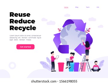 Recycling garbage People sorting each type of garbage into the trash. Recycle for save the earth and keep environment plastic recycling. reusee reduce recycle landing page template.