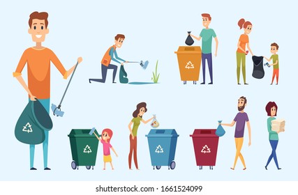 Reciclando basura. Las personas que ordenan los residuos protegen el entorno de los procesos de separación de residuos vectores