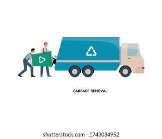 Recycling garbage removal service workers emptying recycle bin trash into truck - cartoon men removing recyclable trash from container. Isolated vector illustration.