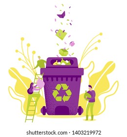 Recycling Garbage, Save Ecology Concept Flat Vector Illustration. Cartoon Small People Throwing Paper Trash into Big Recycle Bin. Waste Box, Bag, Book. Sorting things. Disposal Refuse Bin.