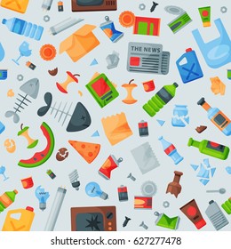 Recycling garbage seamless pattern trash bags can bottle recycling disposal box vector illustration.