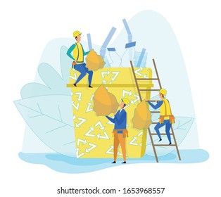 Recycling and Garbage Separating Metaphor with Tiny Workers Wearing Yellow Uniform and Helmets Stand on Ladder Throwing Bags with Plastic Litter to Special Recycle Bin Cartoon Flat Vector Illustration