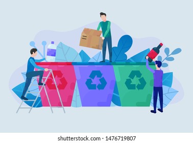 Recycling garbage separation banner. For landing page, ecology app, recycle business. Trash sorted industry vector flat style people website with plastic free containers, paper, glass. Poster template