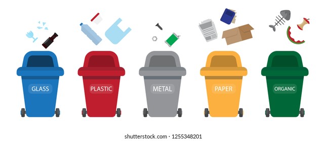 Recycling garbage separation collection and recycled isolated on white background. Can be used poster about trash bags tires management industry utilize waste. Vector illustration.