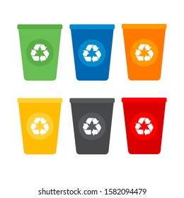 Recycling garbage separation collection and recycled isolated on white background.Trash in garbage cans with sorted garbage vector icons. 