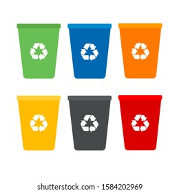 Recycling garbage separation collection and recycled isolated on white background.Trash in garbage cans with sorted garbage vector icons. 
