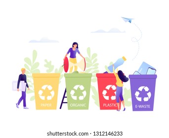 Recycling garbage - small little people throw garbage in containers. Sorting Garbage Waste. Plastic, paper, organic. e-waste. Environmental protection, ecology, earth day. Concept vector illustraion