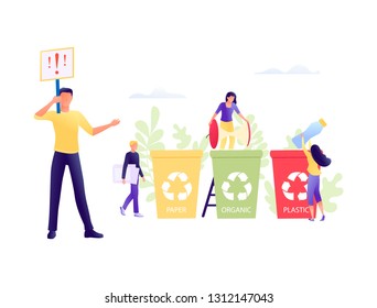 Recycling garbage - small people throw garbage in containers. The employee is engaged in sorting garbage waste. Environmental protection, ecology, earth day. Flat concept vector illustration