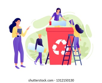 Recycling garbage - small people throw garbage in container. The employee is engaged in recycling, business analysis. Environmental protection, ecology, earth day. Flat concept vector illustration