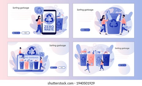 Recycling Garbage. Tiny People Sorting Garbage Waste In Containers For Recycling. Screen Template For Mobile Smart Phone, Landing Page, Template, Ui, Web, Mobile App, Poster, Banner, Flyer. Vector 