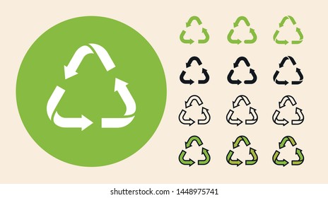 Recycling Garbage Triangle Arrows Eco Symbol. Minimal Flat Line Outline Stroke Icon Set.