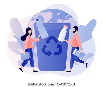 Reciclando basura. El concepto de basura cero. Pequeñas personas clasifican desechos de basura en contenedores para reciclaje y reutilización. Estilo moderno de dibujos animados planos. Ilustración del vector sobre fondo blanco