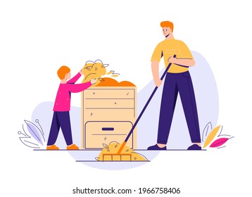 Recycling of garden waste. A father rakes the foliage, the son puts it in the compost bin. Composting concept. Vector illustration in flat cartoon style.