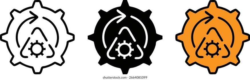 Recycling Gear Icon Set Engineering Sustainability Industry Vector Black White Orange
