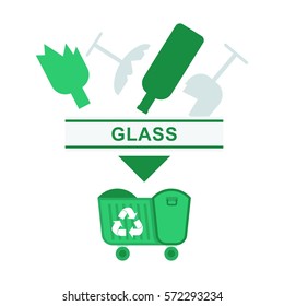 Recycling glass garbage and waste image. Separation of garbage. Waste management Flat vector cartoon illustration. Objects isolated on a white background.