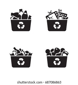 Recycling of glass, plastic, metal and e-waste icons