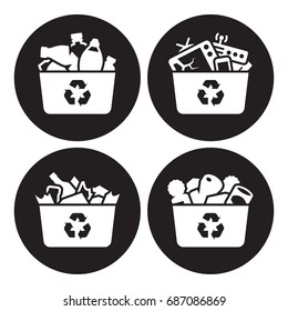 Recycling of glass, plastic, metal and e-waste icons