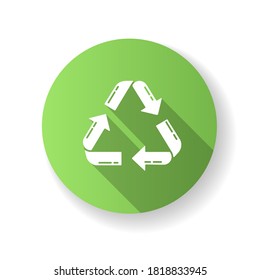 Recycling green flat design long shadow glyph icon. Zero waste, sustainable lifestyle. Responsible consumption. Environment conservation, pollution reducing. Silhouette RGB color illustration