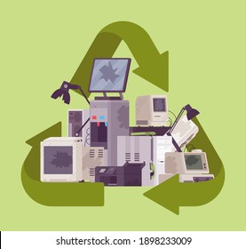 Recycling green symbol for electronic appliances waste trash pile. Environment care for unwanted technology devices, not working digital rubbish, used materials. Vector flat style cartoon illustration