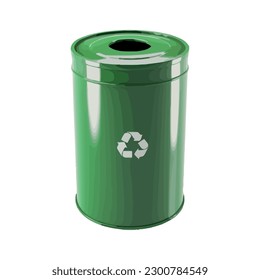 Recycling green trash bin over white