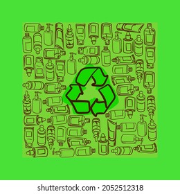 Recycling green vector sign with square packages pattern around on the green background Save your planet green. Recycle packages. Ecology awareness. Environmentally focused mind.