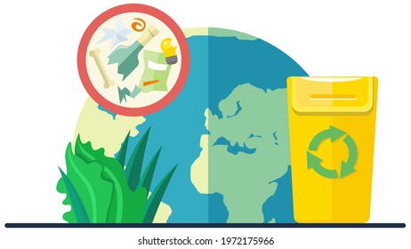 Recycling and greening planet. Waste sorting bin near globe. Trash can with human waste for further recycling. Saving Earth and environmental care. Pollution of planet with non-recyclable garbage