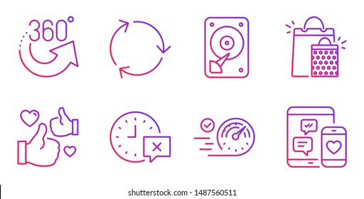 Recycling, Hdd and 360 degrees line icons set. Time, Speedometer and Like signs. Shopping bags, Social media symbols. Reduce waste, Hard disk. Business set. Gradient recycling icon. Vector