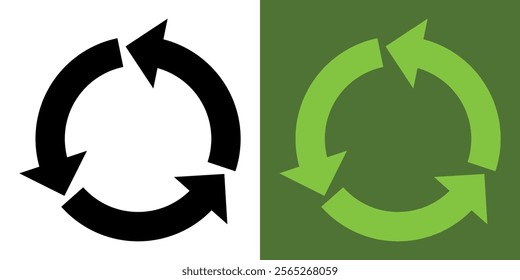 Recycling icon. 3 green arrows. An arrow that spins endlessly. Reuse of materials, zero waste. Recycled. Care for nature and the environment