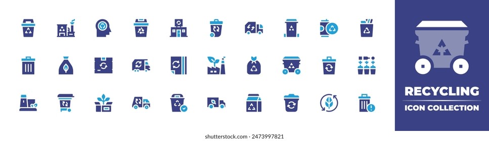 Recycling icon collection. Duotone color. Vector illustration. Containing factory, recyclingbin, package, recyclebin, recycling, ecopackaging, recyclingplant.