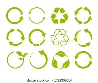 Recycling icon collection. Vector set of green circle arrows isolated on white background. Rotate arrow and spinning loading symbol. Eco logo concept.