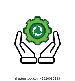 recycling icon. gear symbol with sustainable in hand. reuse, eco, second hand, green energy. web icon. mixed design style