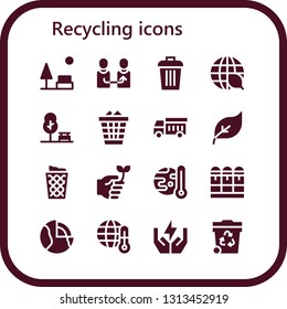recycling icon set. 16 filled recycling icons.  Simple modern icons about  - Park, Change, Trash, Ecology, Waste, Garbage truck, Green energy, Trash can, Eco friendly, Global warming