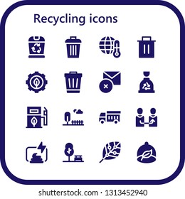 recycling icon set. 16 filled recycling icons.  Collection Of - Trash, Global warming, Green energy, Delete, Garbage, Eco fuel, Park, Garbage truck, Change, Compost, Renewable energy