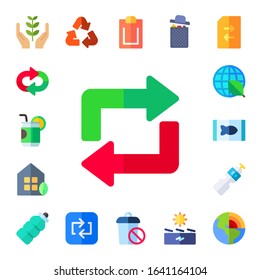recycling icon set. 17 flat recycling icons. Included ecology, repeat, can, eco house, canned food, water bottle, plastic bottle, recycle, padnote, trash, garbage, solar energy icons