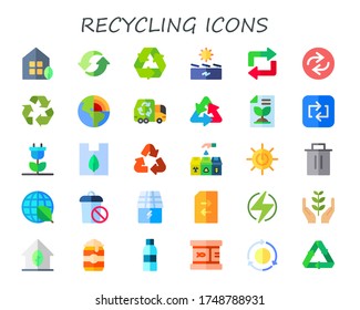 recycling icon set. 30 flat recycling icons.  Simple modern icons such as: eco house, recycle, solar energy, repeat, recycle sign, geothermal, garbage truck, recycled paper, renewable energy
