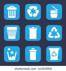 Recycling icon. set of 9 filled recycling icons such as trash bin, recycle bin