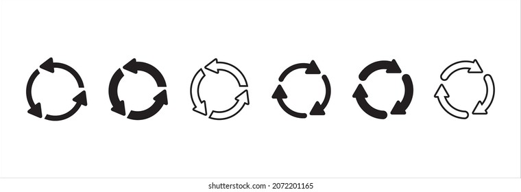 Juego de iconos de reciclaje. Conjunto de iconos vectoriales del símbolo de reciclaje de círculo. Diseño de letreros ecológicos de material reutilizable. Actualizar símbolo de bucle de recarga. Ilustración de material vectorial.